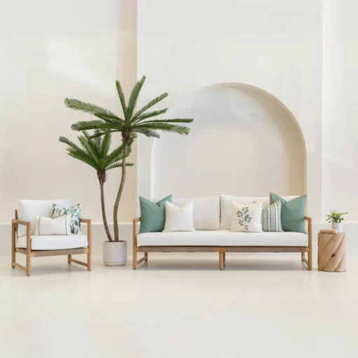 A set of 7 sagewood coloured outdoor sofa cushions siting on a white sofa.