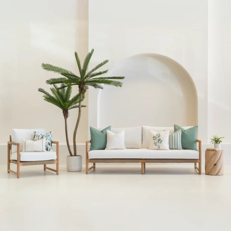 A set of 7 sagewood coloured outdoor sofa cushions siting on a white sofa.