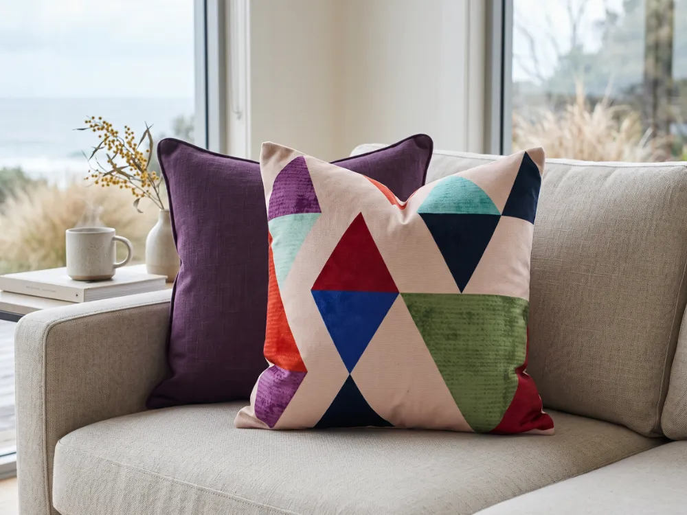 Two sale cushions are arranged on a light sofa with a coastal view visible through a large window.