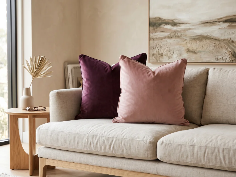 Two velvet cushions in plum and blush pink sit on a couch in front of artwork with ornaments nearby on a side table.